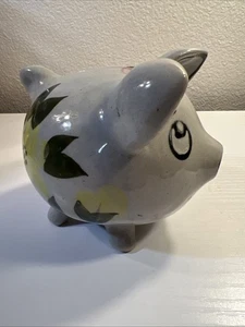 Salvadanaio salvadanaio maialino grigio ceramica unico vintage floreale 5” x 4” x 4” - Foto 1 di 7