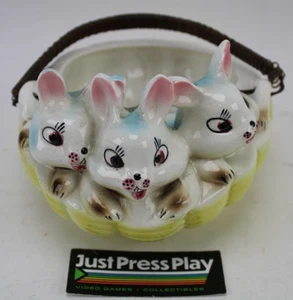 Vintage Wales Ceramic Easter Bunnies Planter w/ Wicker Handle - Made in Japan - Picture 1 of 8