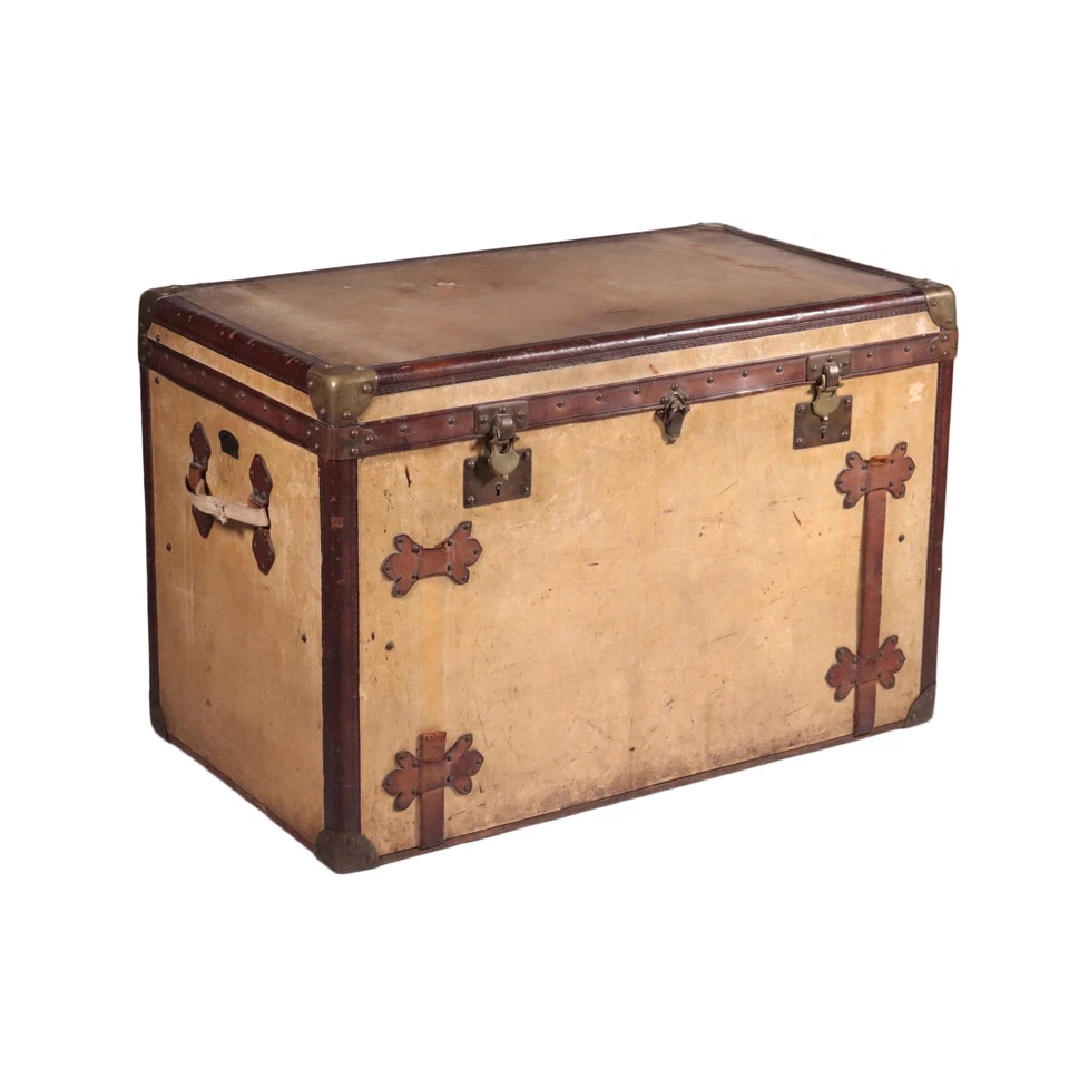 Vintage 1910s-20s Trunk Malle Courrier Leather Brass France - Image 1 of 4