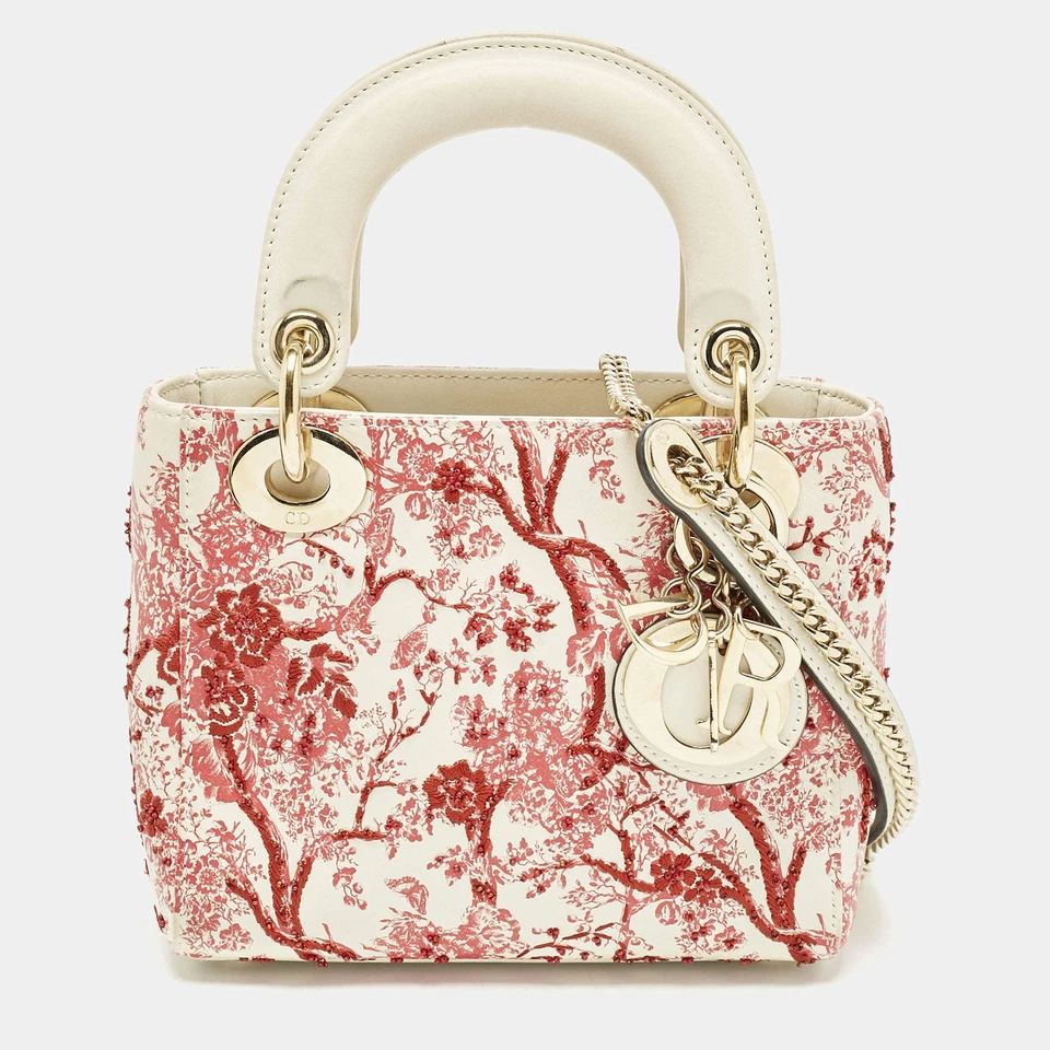 Dior RedWhite Leather Mini Floral Embroidered Lady Dior Tote - Image 1 of 4
