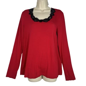 Soma Women’s Sleep Shirt Small Red Black Lace Trim Long Sleeve Nightwear Pajama - Picture 1 of 9