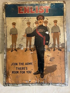 RARE 1924 ARMY ENLIST WW1 WALL MILITARY TIN ADVERTISING SIGN OFFICER NOT ENAMEL - Foto 1 di 16