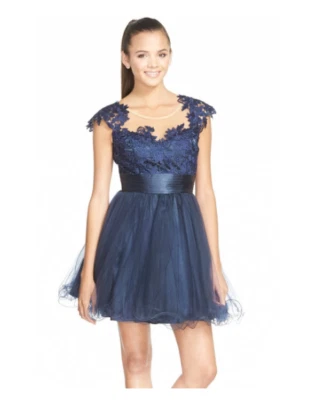 Vestido Sean Collection Mixed Media Fit & Acampanado Azul Marino Talla 8 1742 Foto 1 de 2