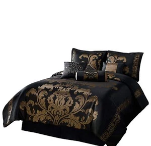 Chezmoi Collection Royale 7-Piece Jacquard Floral Comforter Set, Queen, Black... - Picture 1 of 5