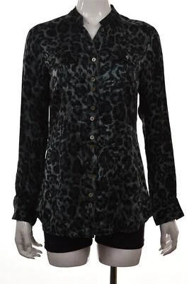 W by Worth 女式上衣 P 码黑色绿色动物印花衬衫长袖丝绸 — 第 1/4 张图片