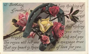 Postcard Vintage Happy Birthday Lucky Horseshoe and Roses - Bild 1 von 2