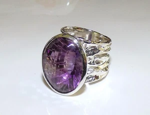 GENUINE! 32ct Brazilian Amethyst Fancy Cut Bezel Ring Solid Sterling Silver 925 - Picture 1 of 7