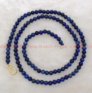 Beautiful 4mm Blue Lapis Lazuli Round Gemstone Bead Gold Hook Necklace 18 Inch - Picture 1 of 12