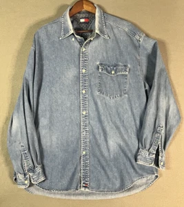 VTG Y2K Tommy Hilfiger Denim Shirt Mens Blue Jean Sz L Long Sleeve Baggy Relaxed - Picture 1 of 10