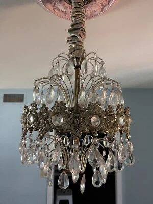 Vintage Mid Century SWAG Chandelier Ceiling Light Crystal Pendant - Image 1 of 4