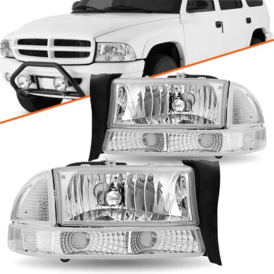Fits 1997-2004 Dodge Dakota 1998-2003 Durango Chrome Clear Headlights Left+Right - Image 1 of 4