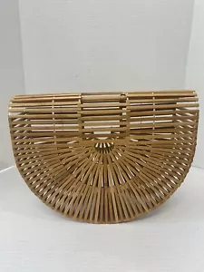 Vintage 70s Asian Bohemian Bamboo Reed Half Moon Cage Purse~13” - Picture 1 of 8