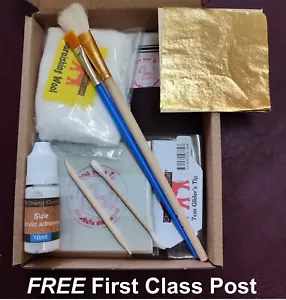 Gold Leaf - 100 Sheet Kit 7x7cm + 10ml Adhesive & Gilding Brush Crafts Arts - Picture 1 of 7