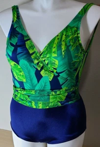 Vtg Jantzen Womens V Neck Faux Wrap One Piece Swimsuit Green/Blue Tropical Sz 10 - Picture 1 of 12
