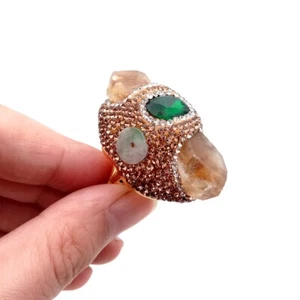 Natural Yellow Citrine Point Druzy Green Crystal Finger Ring Gold Plated Ring - Picture 1 of 6