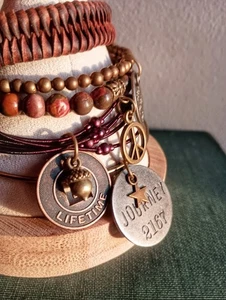 Set Of 9 Handmad Bracelets Stone Charm Leather Tree Hippie Boho Festival  - Bild 1 von 4