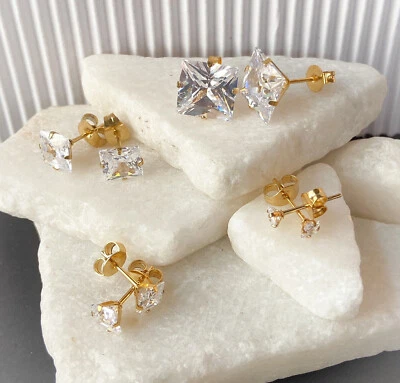PAIR Square CZ Gem Stud Earrings 316L Surgical Steel, choose color and gem size - Image 1 of 4