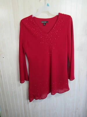 Dawn Joy Top Size 16 Red Pull Over V Neck Long Sleeve Beaded Lined Formal Foto 1 de 4