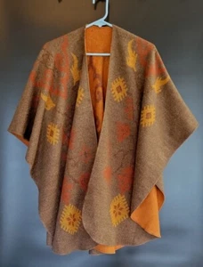 Brown Orange Soft Fleece Reversible Ruana Cape Wrap Southwest Aztec One Size - Picture 1 of 4