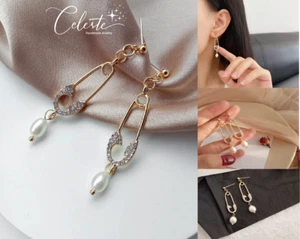 Real Pearl Baroque Crystal Paper Clip Gold Earrings Gift Girls - Foto 1 di 9