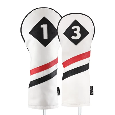Majek Retro Golf 1 & 3 Driver & Wood Headcover White Red Black Leather Style - Image 1 of 4