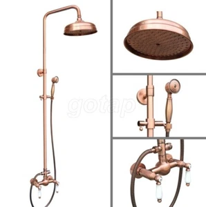 Antiguo Juego de Ducha Rojo Cobre Grifo Doble Manijas Mezclador Grifo/Baño 8" Redondo Lluvia - Imagen 1 de 9