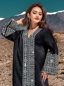 Black Luxury Embroidery Dubai Women Abaya Kaftan Muslim Maxi Dress Elegant Robes - Picture 1 of 13