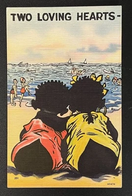 Postal de cómic vintage de lino negro americano dos corazones amorosos Goshen Indiana Foto 1 de 2