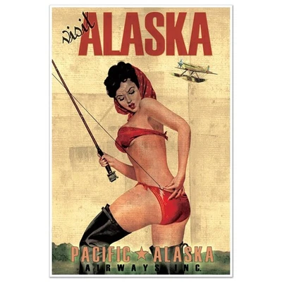 Visit Alaska Travel Print Fishing Ad | Art Print Poster Vintage Pinup Wall Decor - Image 1 of 4
