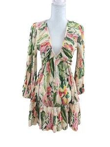 H&M Floral Long Sleeve V-Neck Mini Dress XS Tropical Vacation Resort Blogger Fav - Picture 1 of 18