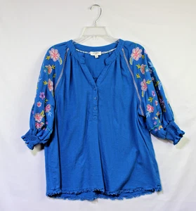 Umgee BoHo blu misto lino mezzo bottone ricamo floreale maniche corte piccole - Foto 1 di 7