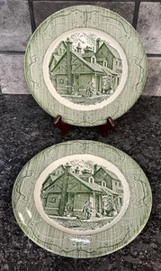 2 Royal China 10" Dinner Plates The Old Curiosity Shop Green Hinges on Rim - Picture 1 of 3