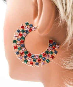 Gold Tone Hoop Earrings Featuring Oodles of Multi-Colored Crystals - Picture 1 of 2