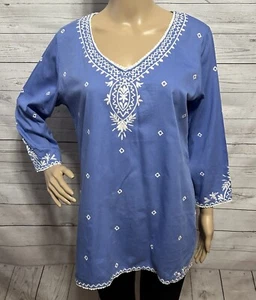 Sigrid Olsen Signature Tunic Medium Blue White Embroidery Bohemian 100% Cotton - Picture 1 of 14