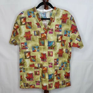 Peaches unisex M scrub top multicolor leaf print v-neck short sleeves 2 pockets - Picture 1 of 7