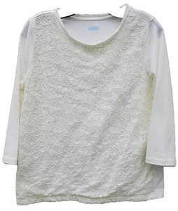 Basic Editions Top Women Size M Floral Lace Round Neck 3/4 Sleeves Off-White - Picture 1 of 8