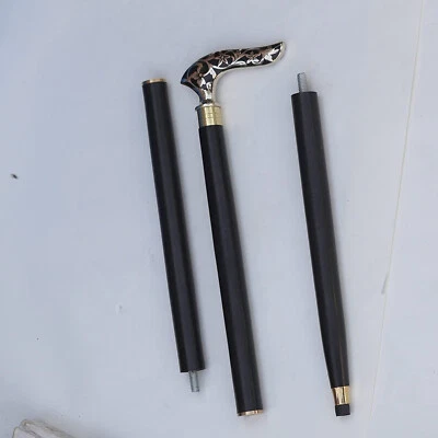 Bastón bastón de madera negro con mango de cabeza de diseño de flores de latón antiguo vintage Foto 1 de 4