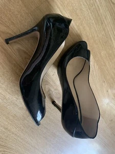 MAX MARA Black Piping Open Toe Heels Patent Shoes Size 39.5 6.5 - Picture 1 of 6