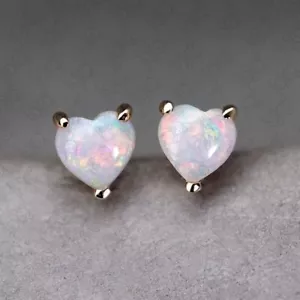 Pendientes pequeños de ópalo liso natural australiano en forma de corazón oro amarillo 14 K - Imagen 1 de 12
