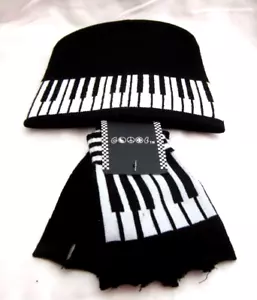 Black with White Piano Keys Beanie Ski Cap and matching Piano Keys Gloves -New! - Picture 1 of 1