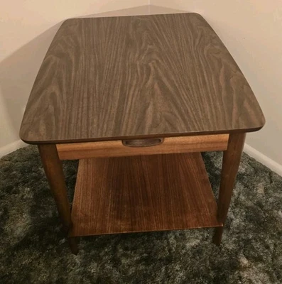 Lane End Side Table Tiered Nightstand Laminate Top Drawer MCM Tapered Legs 1038 - Image 1 of 4
