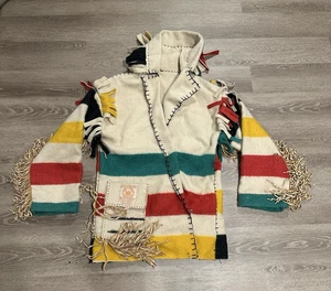 Vintage Hudson Bay Company Stripe Capote Fringe Blanket Coat Pointy Hood Large - Picture 1 of 16