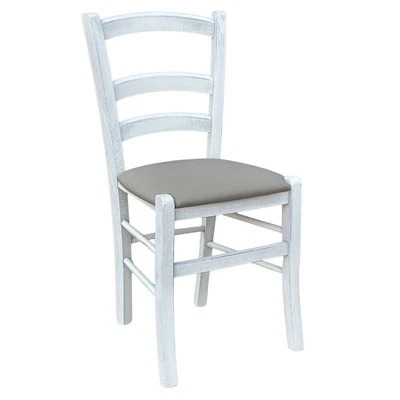 Stuhl Aus Holz Venedig Antik Weiß Mit Sitzfläche Aus Kunstleder In Taubenfarbe - Bild 1 von 4