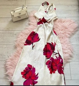 ZARA FLORAL PRINT SATIN MIDI DRESS FLOWING-NECK WHITE RED REF.8493/150 SIZE M - Picture 1 of 7