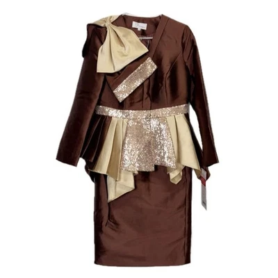 Vestido EY Boutique Feminino 8 Marrom Multi Manga Longa Lantejoulas Peplum Terno Novo com etiquetas - Imagem 1 de 4