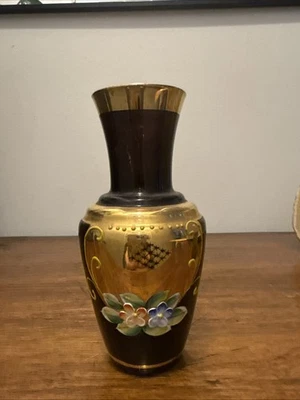 Czech Bohemian Purple Gold Vase  Raised Floral Design Hand Painted 5.5” Tall - Image 1 of 4