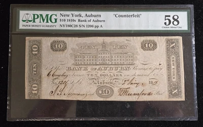New York Auburn 10 Dollars 1810s Bank of Auburn PMG AU 58 Spindle Holes - Image 1 of 3