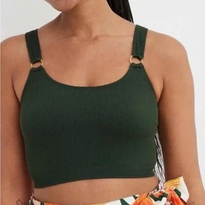 Aerie Ribbed Longline Sports Bra Crop Tank Green w/ Gold Rings Women's Large $50 - Picture 1 of 9