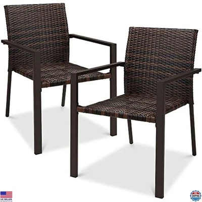 Juego de 2 sillas de comedor apilables de mimbre para exteriores - Sillones para todo tipo de clima, marrón Foto 1 de 4