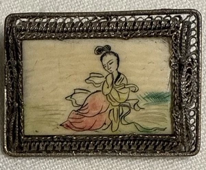 Broche prendedor vintage de plata filigrana china/asiática. Azulejo tallado, mujer - Imagen 1 de 6